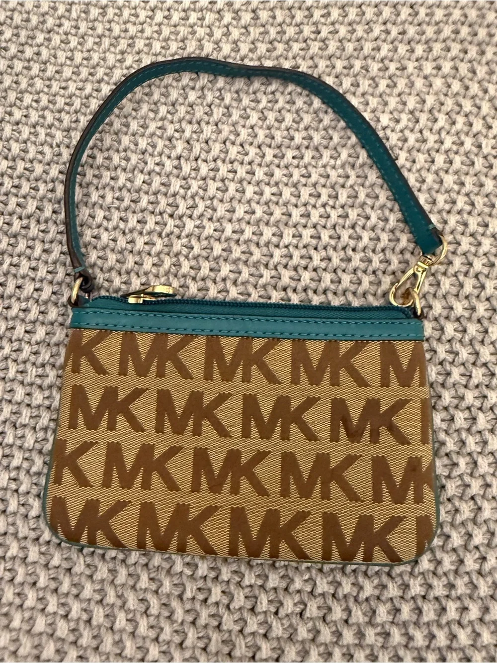Michael Kors Brown Logo Wristlet with Teal Trim